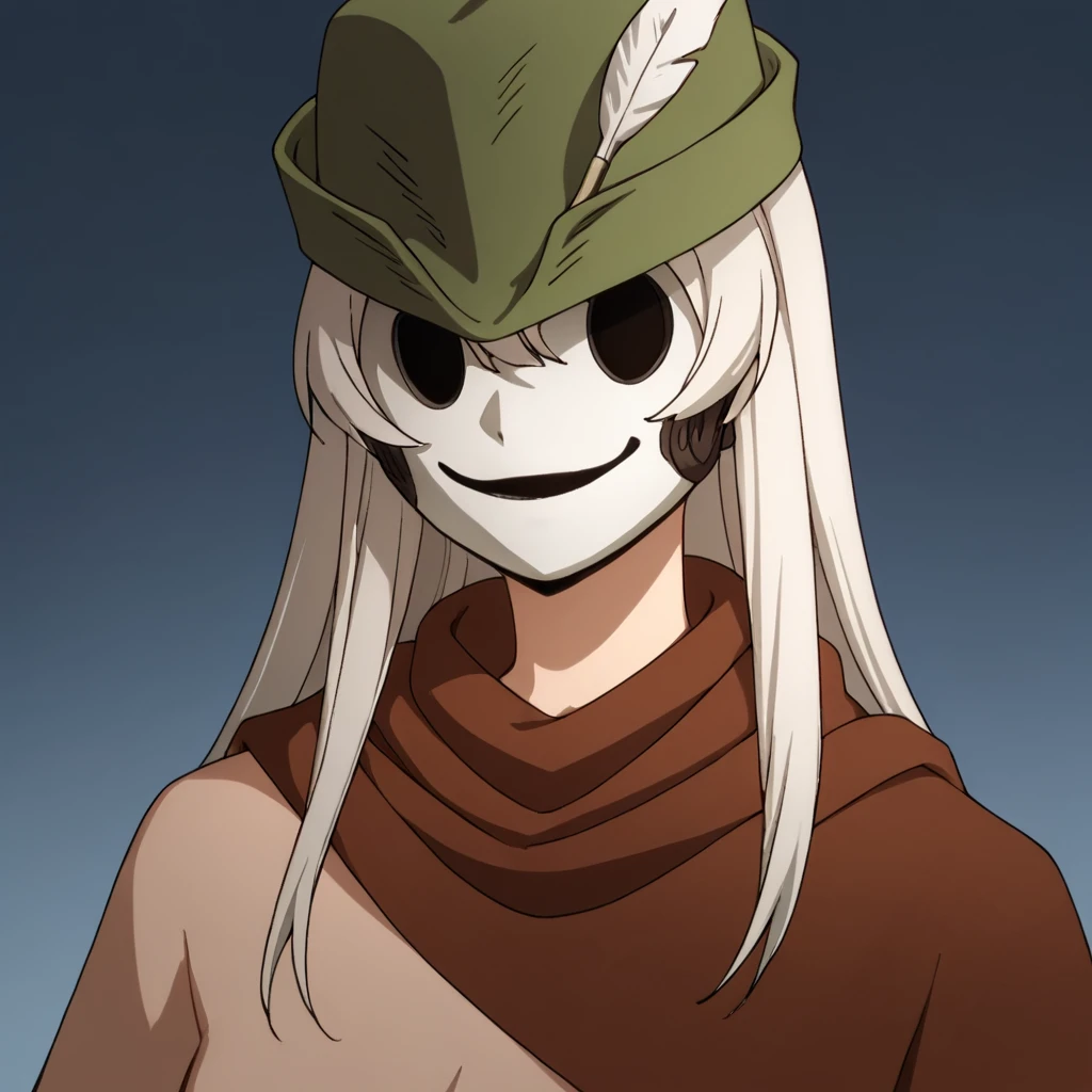 score_9, score_8_up, score_7_up, score_6_up, score_5_up, score_4_up, source_anime,  WeißeFeder, mask, portrait, green hat, white feather