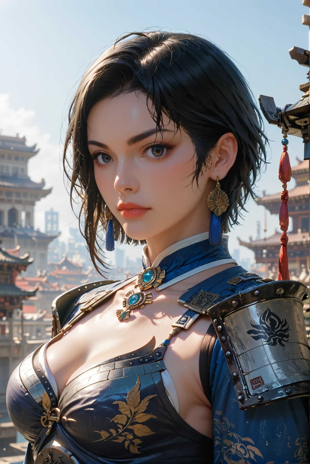 score_9, score_8_up, score_7_up, masterpiece, highly detailed, intricate detailed, 1girl, solo, black hair, armor, breast, short hair, looking at viewer, weapon, city gate, ancient china, <lora:Wang_Yi_Dynasty_Warriors:0.7>