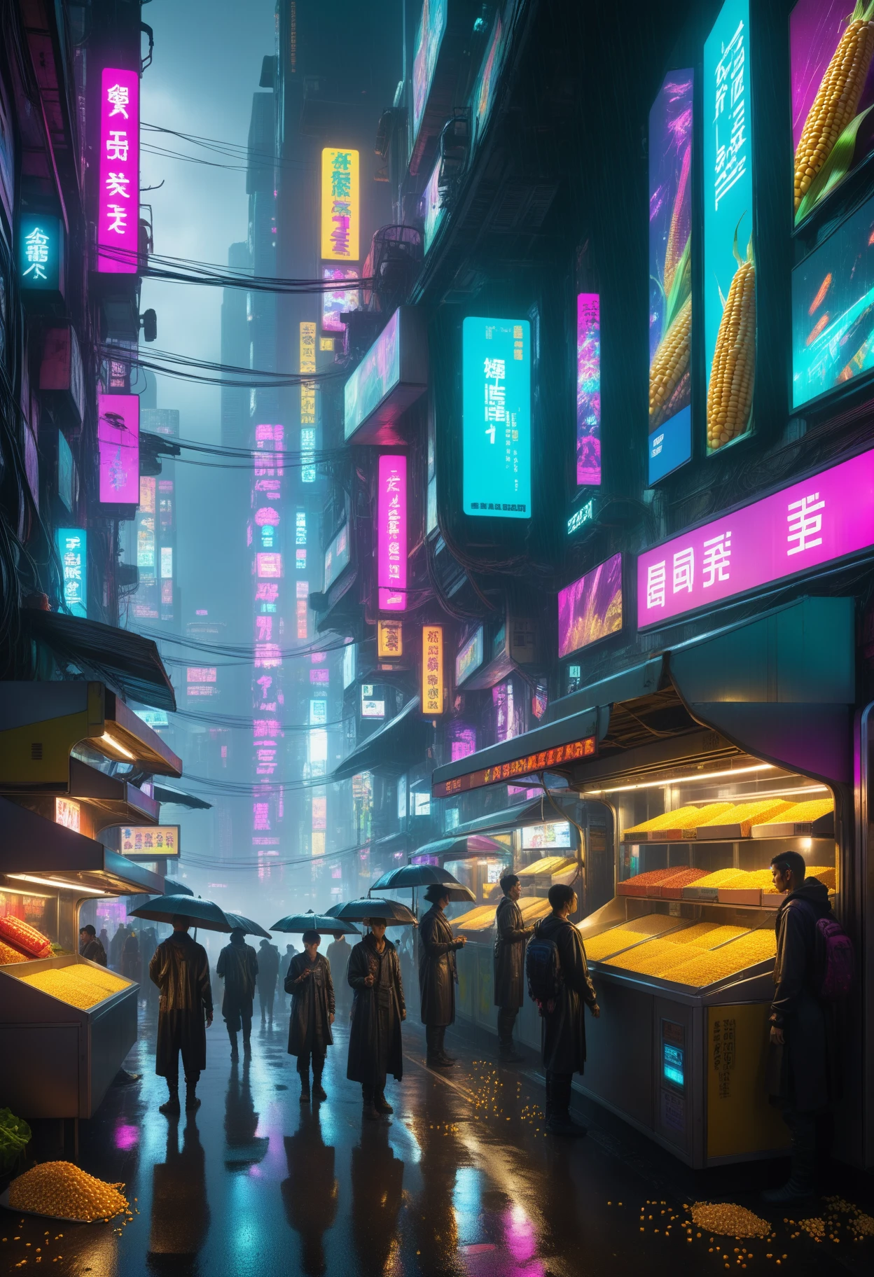 A busy street scene in a cyberpunk world, with colorfully lit billboards, rain and futuristic corn kernel passers-by, Jed-CornK    <lora:CornKernelStyle:0.4>