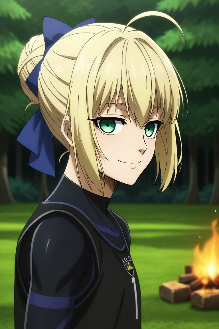 score_9, score_8_up, score_7_up, , anime screencap, rating_safe, intricate details, , depth of field, 1girl, saber \(fate\), blonde hair, green eyes, ahoge, hair between eyes, hair bun, hair bow, solo, from side, cabin, forest, campfire, dark, (dynamic pose), half-closed eyes, smile, <lora:blue_lock_style_pony:1.2>, blue_lock_style, , blue lock bodysuit, , black tank top, <lora:sdxl_lightning_8step_lora:1>