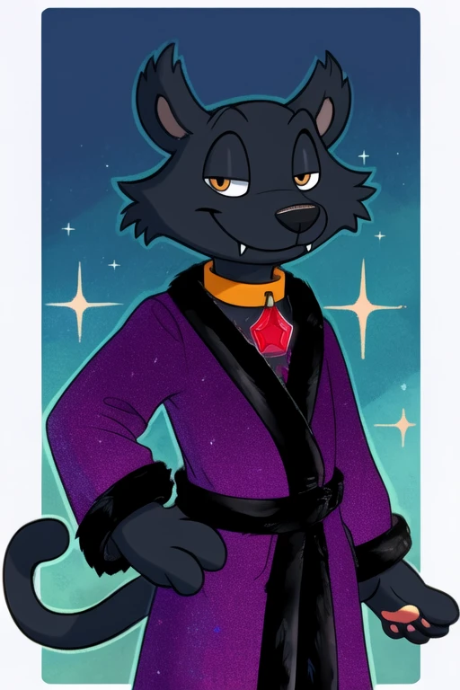 salem saberhagen, male, solo, jewel collar, red jewel collar, fangs, robe, standing, biped, tail, hand on hip, raised hand, pawpads, smile, masterpiece, extreme detail, half-closed eyes, smile, smug, looking at viewer, simple background, magic, sparkles, outline