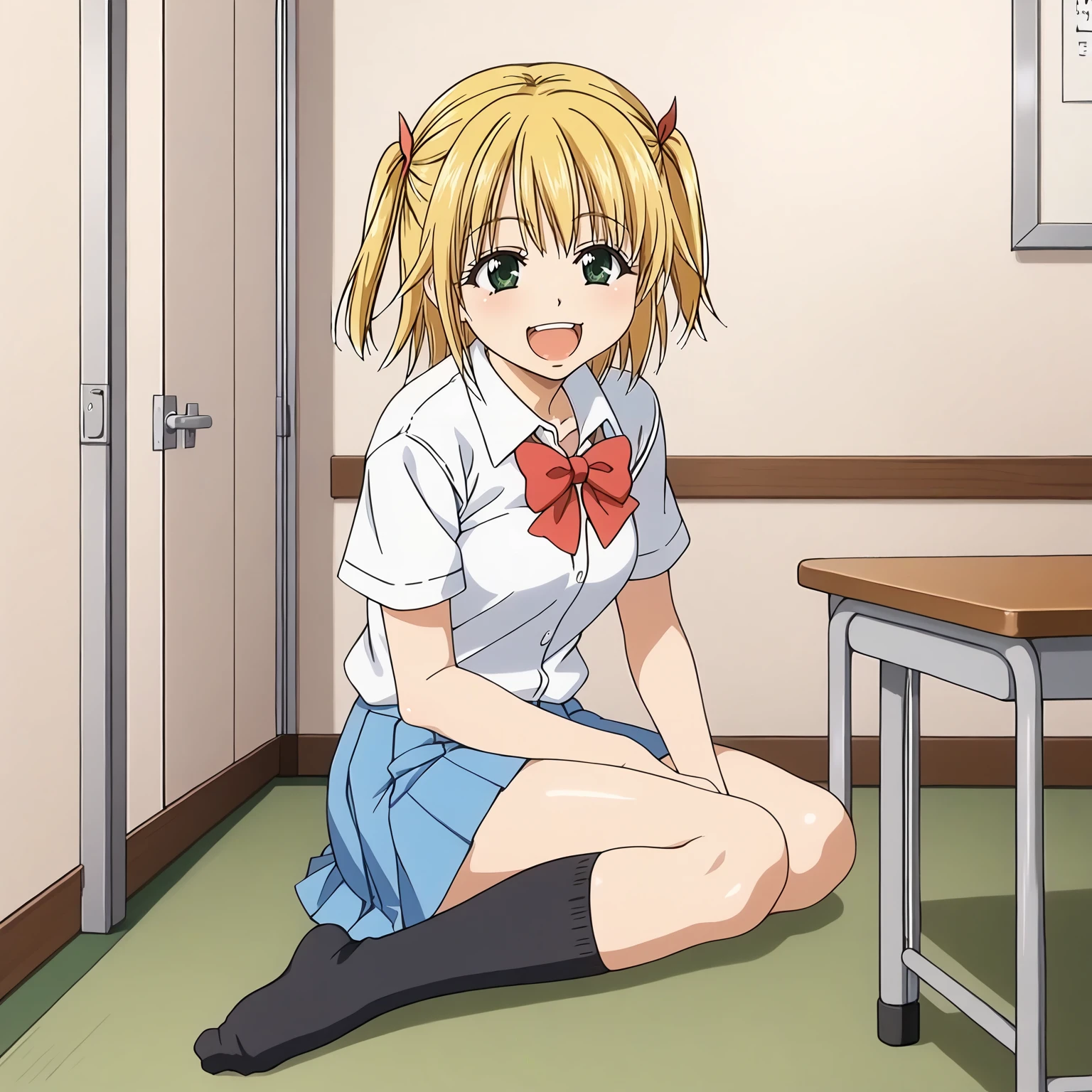 <lora:YuiWadaXLpony001>,
smile,open mouth,
solo,
YuiWada,1girl,blonde hair,two side up,green eyes,
school_uniform,white shirt,red bowtie,short_sleeves,
pleated_skirt,blue skirt,
black socks,
indoors,
full body,sitting,