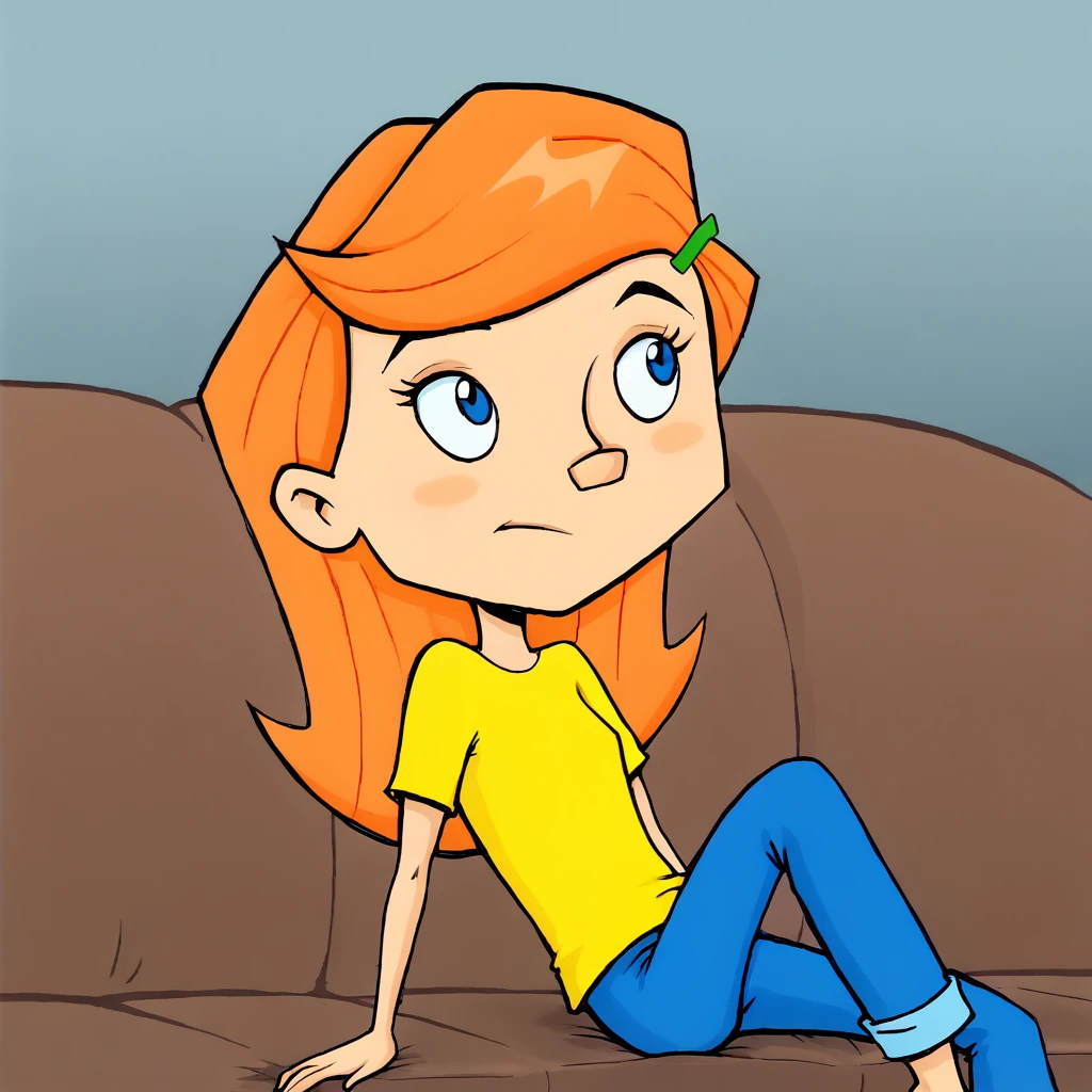 Riley,  1girl, solo, orange hair, long hair, blue eyes, hairclip, yellow shirt, blue pants,  <lora:Riley_TheReplacements_PXL_Leaf1:0.6>, gradient background, FluffyStyle, <lora:Fluffy_Style_Leaf1:1>, on couch,