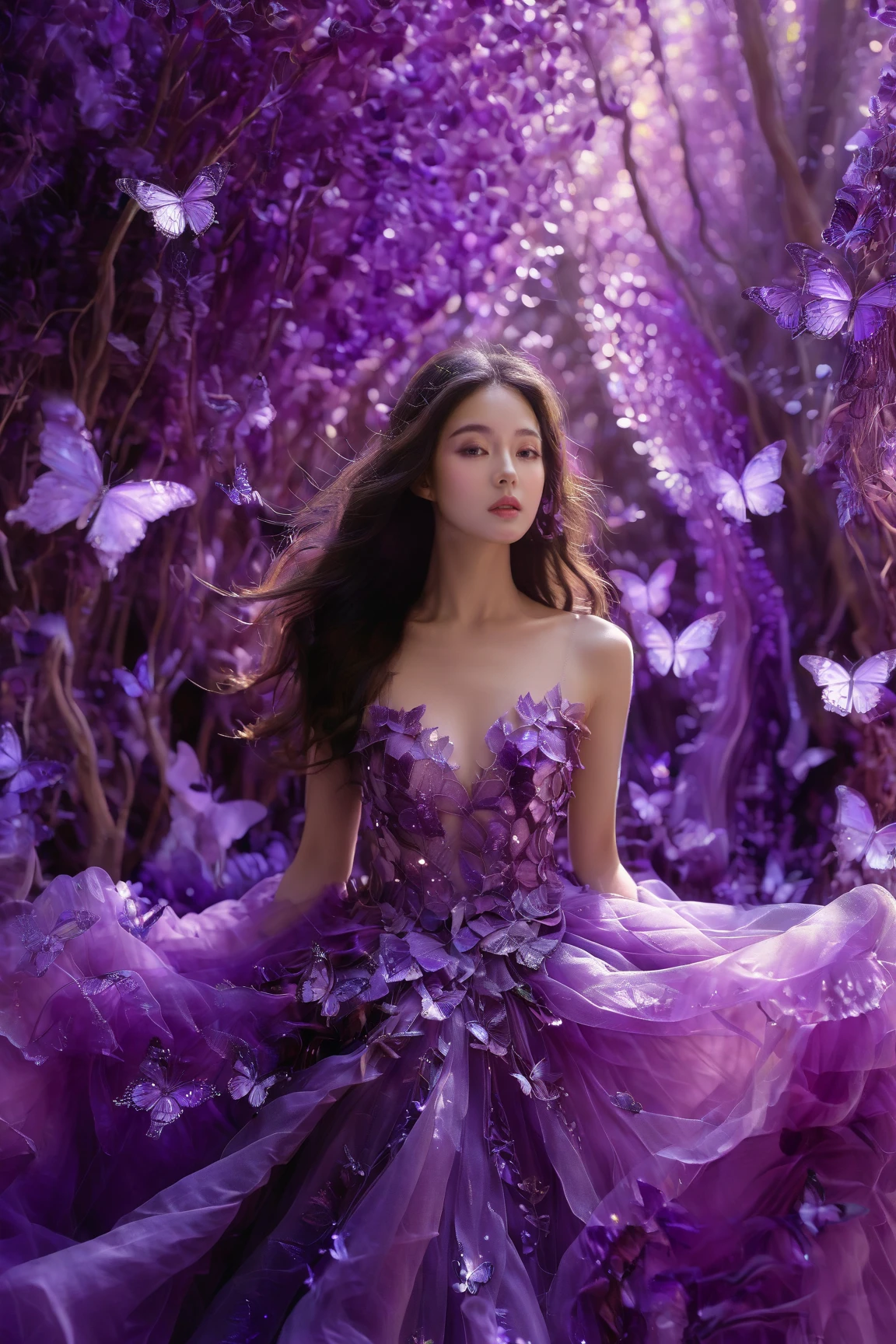 A woman surrounded by a myriad of amethyst purple butterflies. She wears a gown made of amethyst purple leaves, which flows gracefully around her. The backdrop is an amethyst purple-hued environment, possibly signifying an amethyst forest or a magical realm. The woman's long, wavy hair flows freely, complementing the ethereal ambiance of the scene.<lora:EMS-310343-EMS:0.800000>, <lora:EMS-411922-EMS:0.800000>