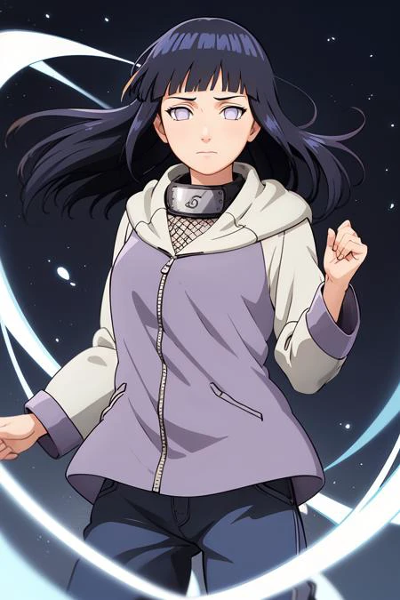 masterpiece, absurdres, 1girl, hinata\(shippuden\), solo,hooded jacket, fishnets, headband around neck, looking at viewer,  floating hair,  wind, blue pants,  <lora:Hinata[Shippuden]:0.8>