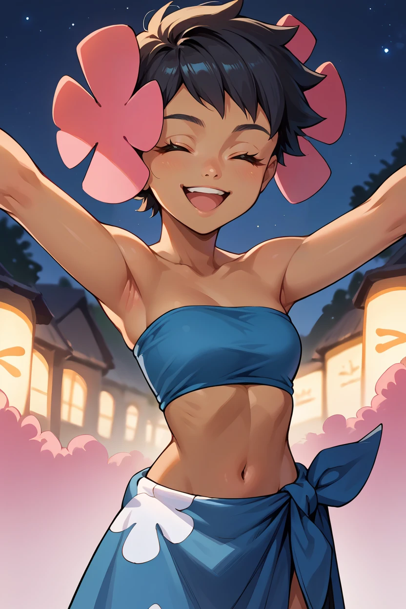 score_9, score_8_up, score_7_up, score_6_up, source_anime BREAK 1girl, solo   <lora:pkmnphoebe-pdxl-nvwls-v1-000004:1> defPhoebe, black hair, dark skin, hair flower, pink flower, blue tube top, strapless, midriff, blue sarong, blue skirt, happy, night sky, night, looking at you, raised arms, closed eyes, happy, looking at you, upper body