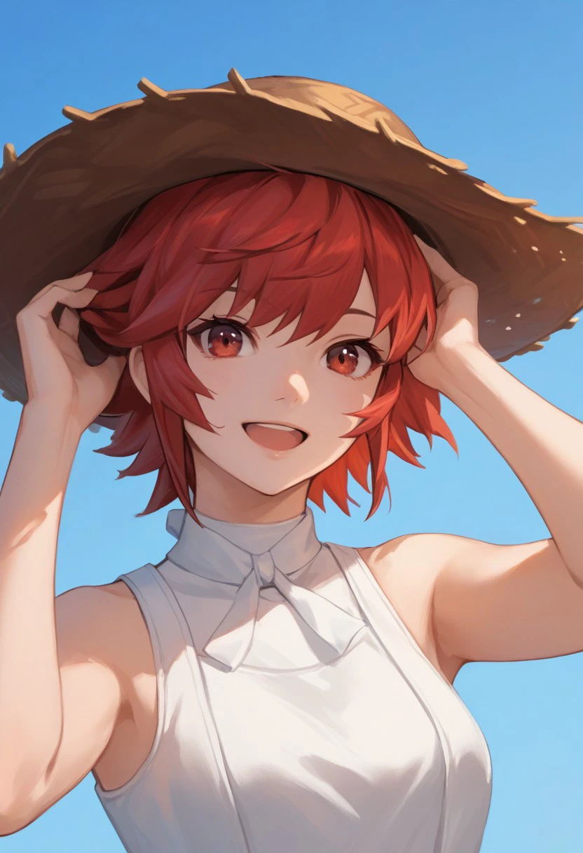 EnD_Hinoka, 1girl, dress, hands on headwear, hat, looking at viewer, open mouth, red eyes, red hair, short hair, sleeveless, sleeveless dress, smile, solo, straw hat, upper body, white dress, BREAK  score_9, score_8_up, score_7_up, score_6_up, score_5_up, score_4_up,