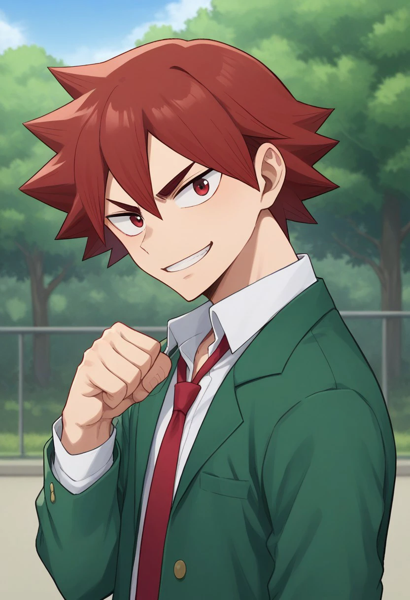 score_9, score_8_up, score_7_up, source_anime, highly detailed, 
naruko, 1boy, male focus, necktie, solo, school uniform, red hair, smile, jacket, green jacket, shirt, red eyes, white shirt, spiked hair, red necktie, upper body, clenched hand, looking at viewer, long sleeves, collared shirt, open clothes, open jacket, plaid pants, plaid, pants
outdoor, sky, tree,