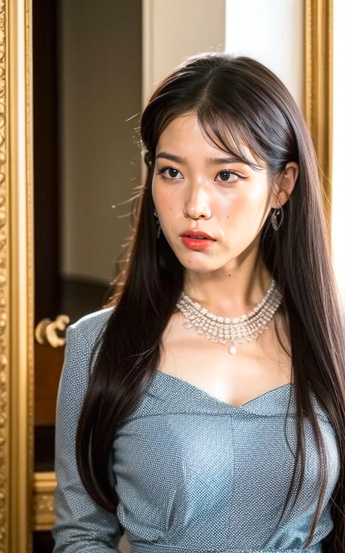 halfbody  <lora:Jang_Man_Wol_V2:1> Jang_Man_Wol, hotel del luna, kdrama, long fashionable dress, jewellery, (posh:1.3)