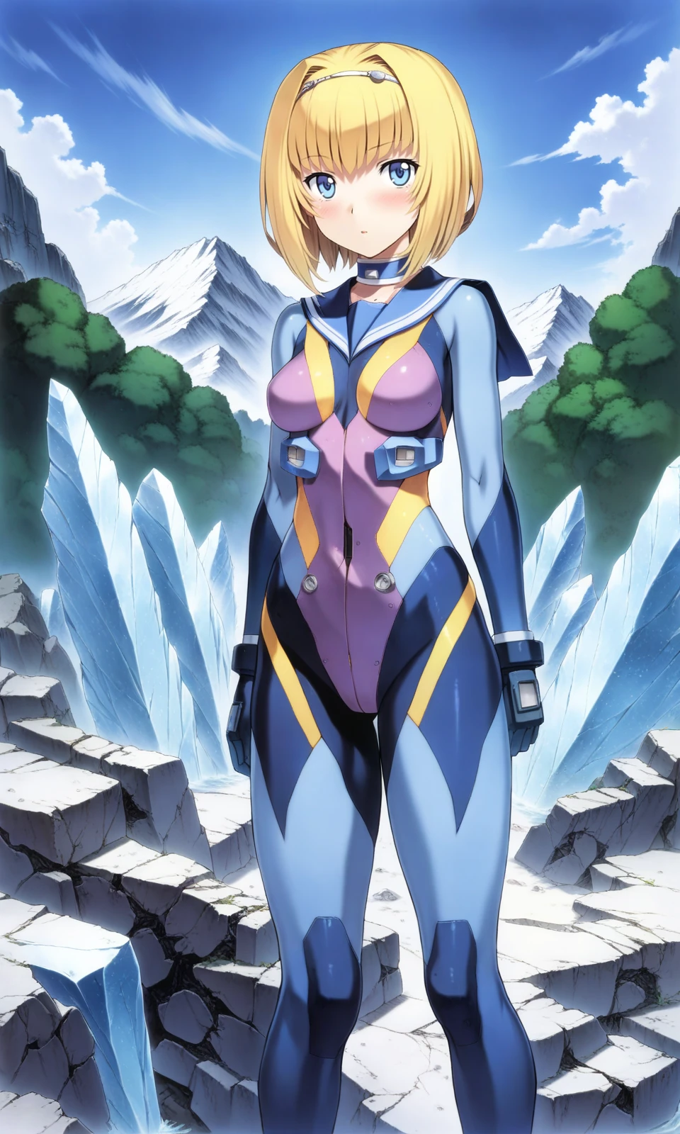 1girl, MilindaBrantini, blonde hair, blue eyes, bodysuit, gloves, hairband, highres, ice, looking at viewer, mountain, sailor collar, short hair, solo, standing, 
upper body, straight-on, 
outdoors, ruins, 
masterpiece, best quality, very aesthetic, absurdres, by mogudan, 
<lora:MilindaBrantini_XL:1>