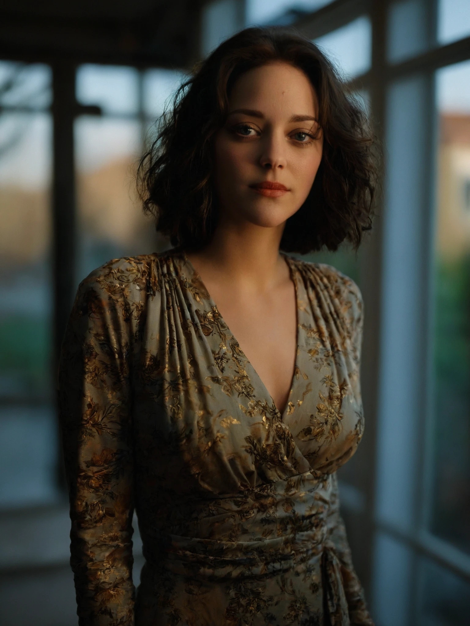 marioncotillard woman wearing Simple wrap dress , conservatory, Intrigued, golden hour, <lora:marioncotillard-XL:1>