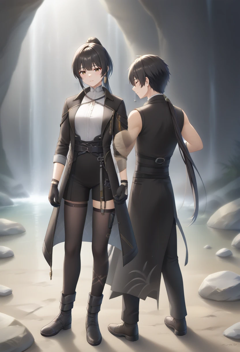 1girl, long hair, breasts, short hair, bangs, shirt, black hair, thighhighs, gloves, 1boy, dress, brown eyes, jewelry, closed mouth, jacket, closed eyes, white shirt, ponytail, black gloves, pants, black thighhighs, black dress, coat, sleeveless dress, holding hands, black pants, rock, dancing, female rover, male rover, tacet mark \(wuthering waves\) <lora:SDXL_Hyper:1>  <lora:Timm_Style_XL:1> <lora:StaC_un:1>