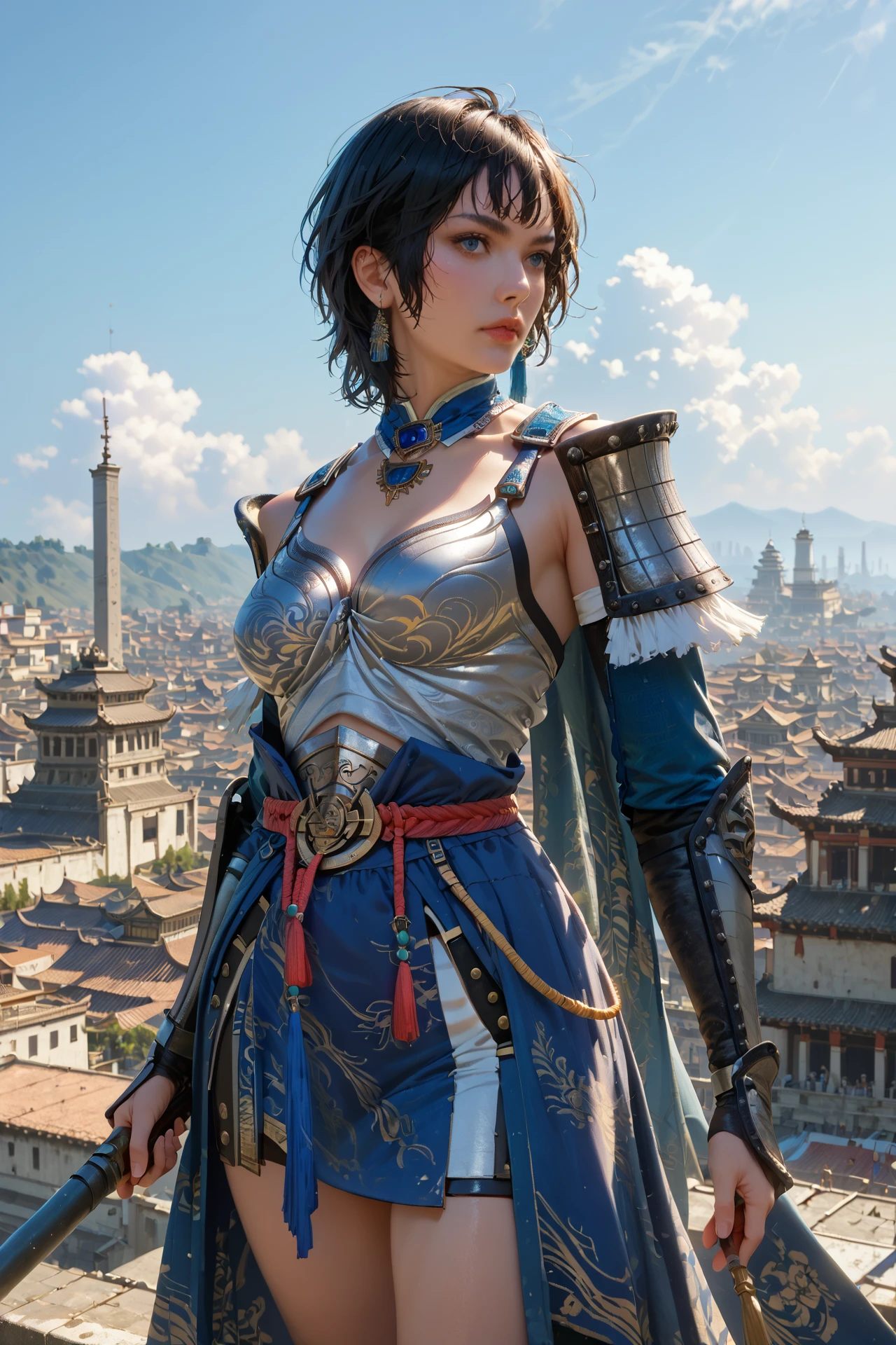 score_9, score_8_up, score_7_up, masterpiece, highly detailed, intricate detailed, 1girl, solo, short hair, armor, breast, weapon, outdoors, rooftop, ancient china, <lora:Wang_Yi_Dynasty_Warriors:0.7>