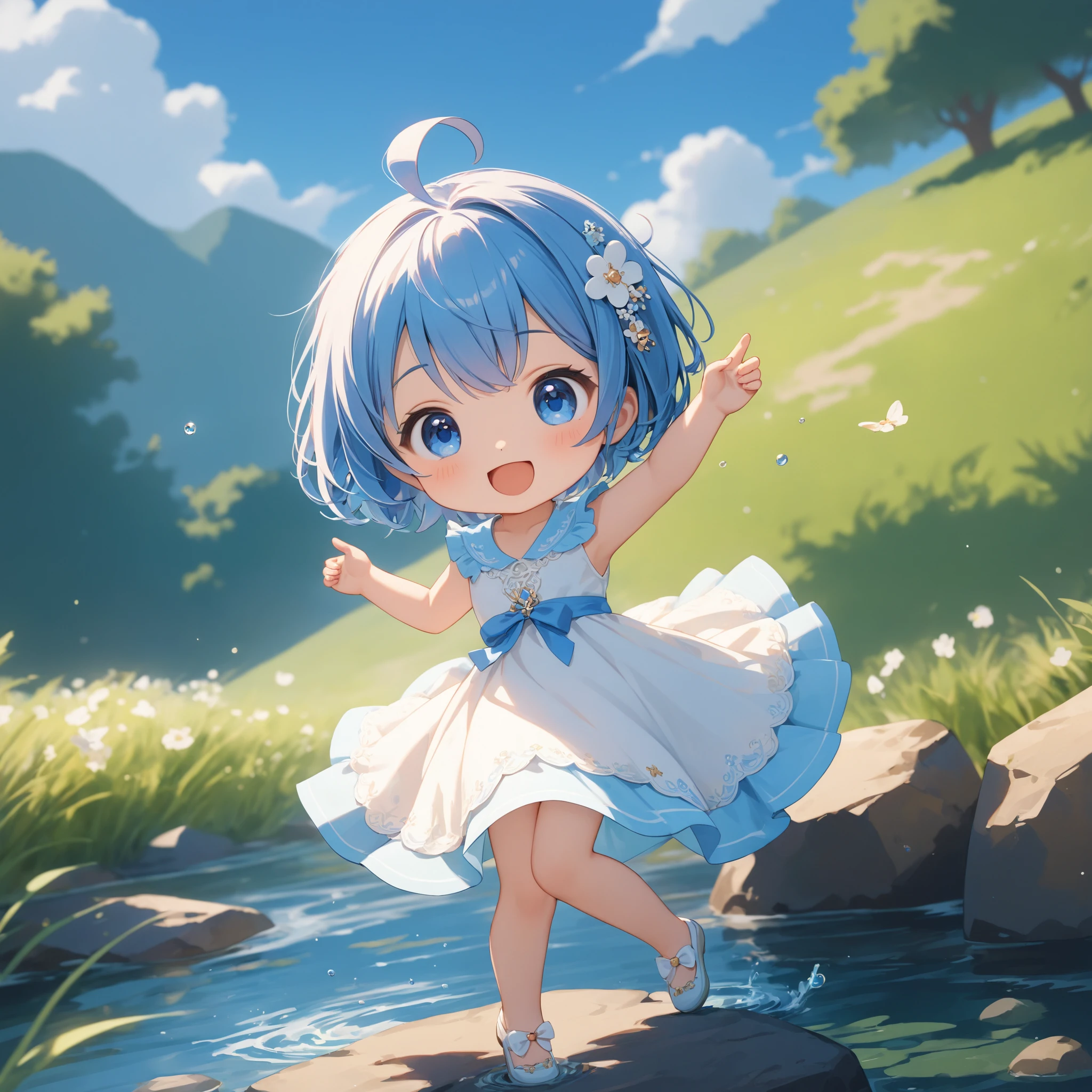 SceneDescription:
- Composition: Full body shot. Cinematic angle.
- Subject: A cute girl.
- Characteristics:
- Hair: Sky-blue short hair and ahoge.
- Eyes: Blue eyes.
- Clothing: White a-line dress.
- Expression: Happy expression. Open mouth.
- Posing: Dynamic pose. Looking at viewer.
- Background: Stream.
- Elements: Blue sky.
ArtStyle: (Chibi:1.05). Deformed. Cute style.
Quality: Intricate details. Extremely detailed. Outstanding intricacies. (Masterpiece:1.2). (Best quality:1.2). (Absurdres absolutely resolution:1.4).
Mood: Serene atmosphere.