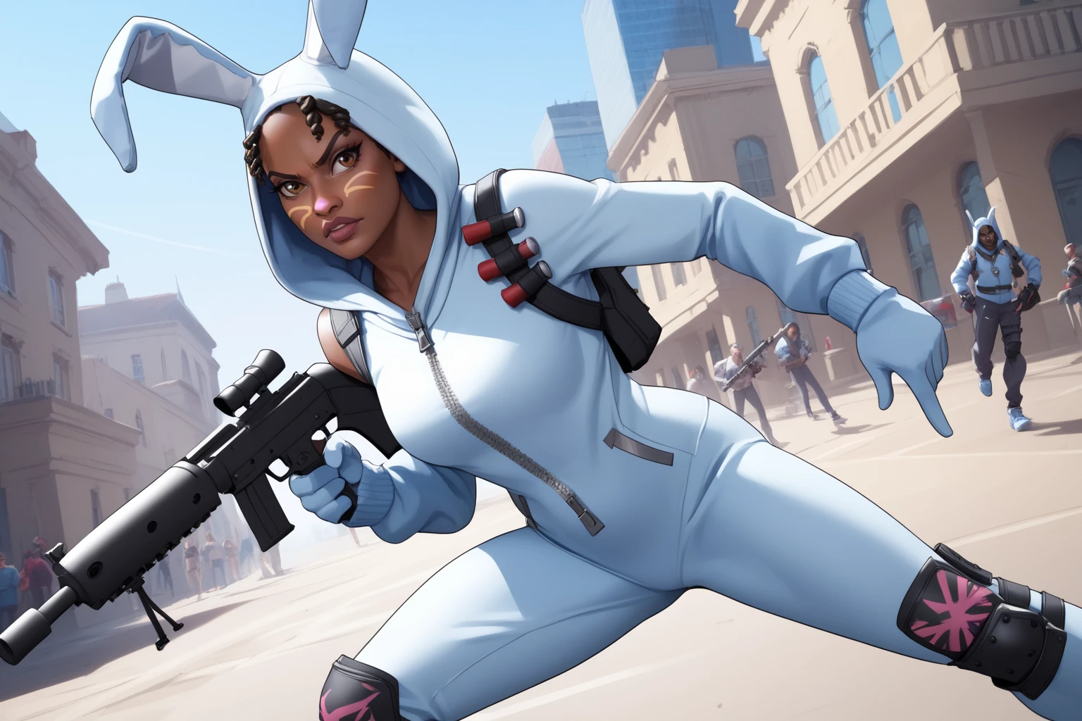 score_9, score_8_up, score_7_up, masterpiece, high quality, BREAK realistic
 <lora:Bunny Brawler LunaPonyLoRA:1>bnnybrwlrlna, dark skin, short hair, facial mark, hood, fake animal ears, bodysuit, zipper, ammo strap, grenade, gloves, single knee pad , holding rifle firing, fighting, in a city, angry