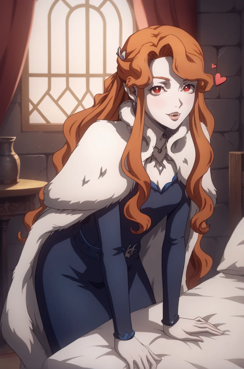 score_9, score_8_up, score_7_up, score_6_up, score_5_up, score_4_up, BREAK source_anime, 1girl,
<lora:LenoreXL-v1-07:0.7>, ChopioLenore, orange hair, long hair, wavy hair, sidelocks, half updo, hair ornament, red eyes, lips, looking at viewer,
vampire, colored skin, white skin,
outfit_1, heart necklace, earrings, fur cape, blue dress, long sleeves, blue belt,
bedroom, bed, standing, seductive smile, stone walls, parted lips, fang, sexy pose, leaning forward, cowboy shot,