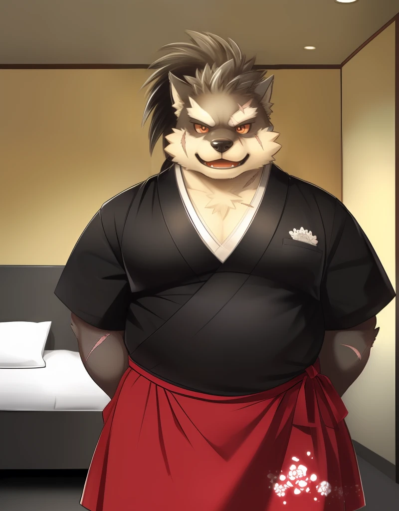 (((detailed eyes, detailed face))), (furry, shino <lora:character_shino_findigo_v3+1:1>, two-tone fur, ponytail, dog boy, one eye covered, bangs, scar, tattoo on hand, red sclera), male, (solo), (plump, fat, chubby, overweight), ((black kimono, brown apron, black apron), sleeves rolled up), standing, (arms behind back), smile, (front view) BREAK (konzaburou, ukan_muri), bedroom, (flat shading, flat color, high brightness), 8k, UHD, masterpiece, (full body), (scar on face, scar on cheek, scar on arm, scar on nose)