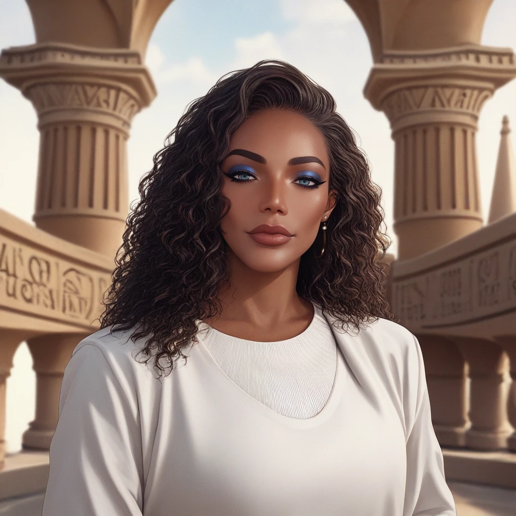 score_9, score_8_up, score_7_up, source_anime, professional photograph of Monij woman, up close, portrait, wavy hair, eyeliner, standing in the balcony of an Egyptian palace, Looking at the viewer. Pyramids in the background. rating_safe <lora:Monifa Pony-000005:1>