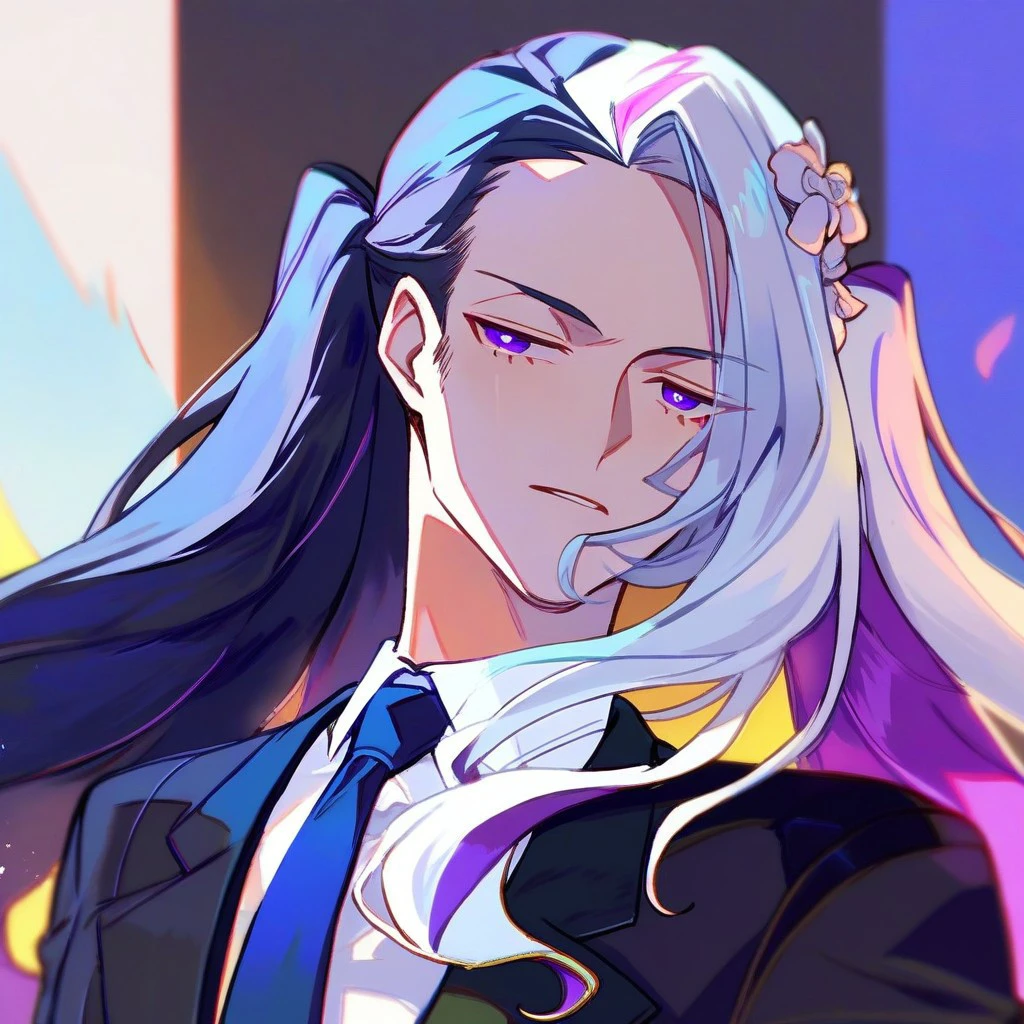 score_9,score_8_up,score_7_up,score_6_up,score_5_up,score_4_up, solo, 1boy, male focus, white hair, black hair, two-tone hair, multicolored hair, purple eyes, long hair, very long hair, formal, tuxedo, black jacket, necktie, white shirt, half-closed eyes, twintails, hair ornament, hair flower