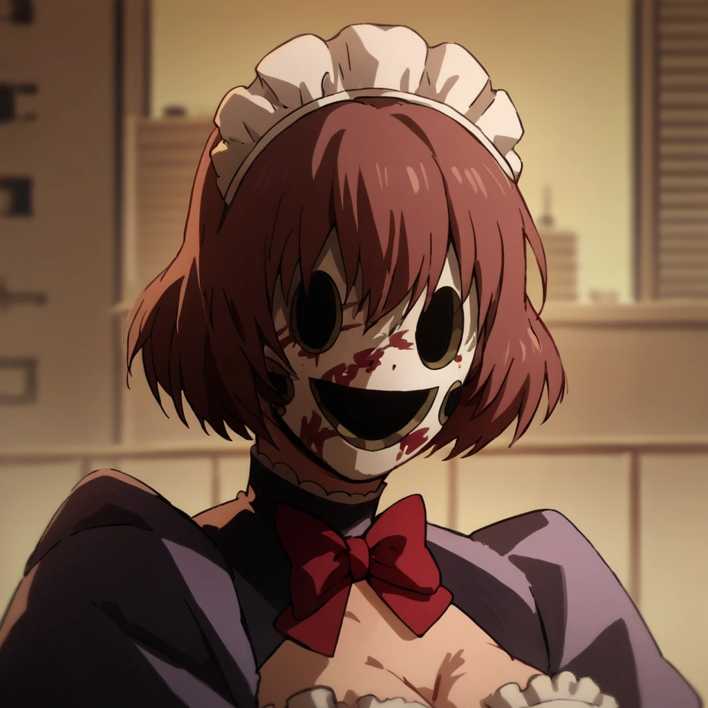 score_9, score_8_up, score_7_up, score_6_up, score_5_up, score_4_up, source_anime,  Servant2, maid, mask, horror theme, knife, holding knife, portrait, piercing look, facing viewer, evil