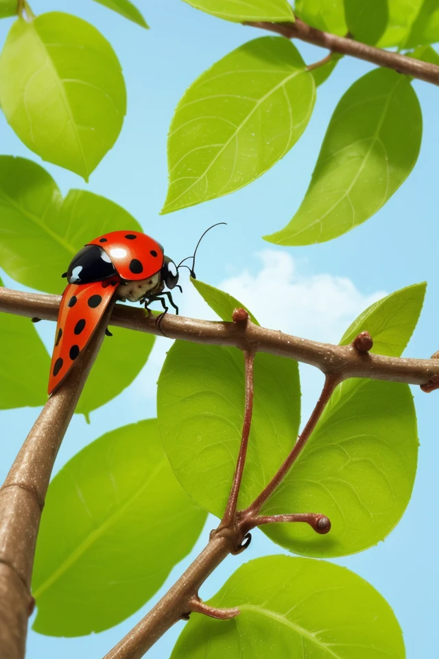 a ladybug on a leaf, tree, branch, sky, clouds, foilage, macro-photography,