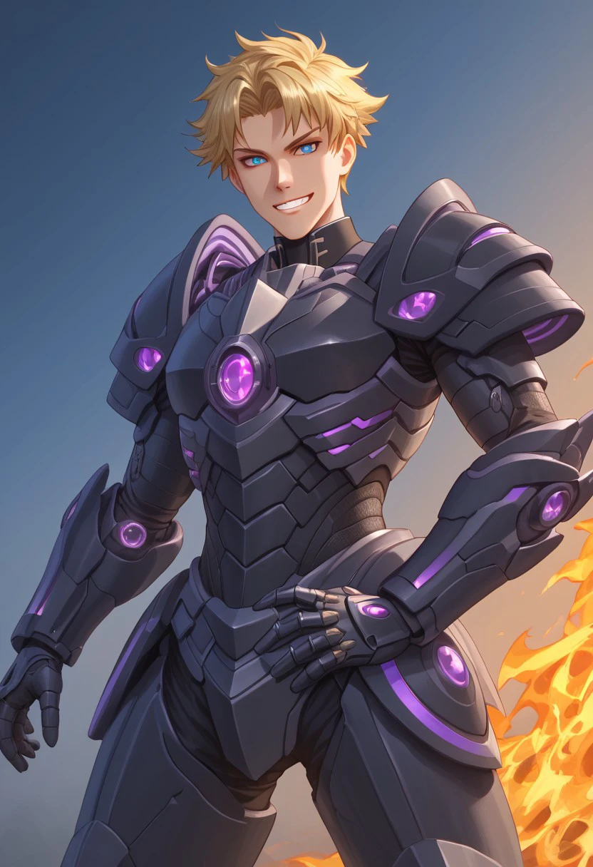 Masterpiece, best quality, high quality, highres, 4k, detailed face, Expressiveh, bmbplora, Genshirou Saji, Blonde Hair, 1 blue eye, 1 gold eye, black sclera, Short Hair, Parted Hair, armor, full armor, robot, mecha, partial head armor, no humans, black armor. purple trim, black flames, solo, Black Snakes around arms, grin,