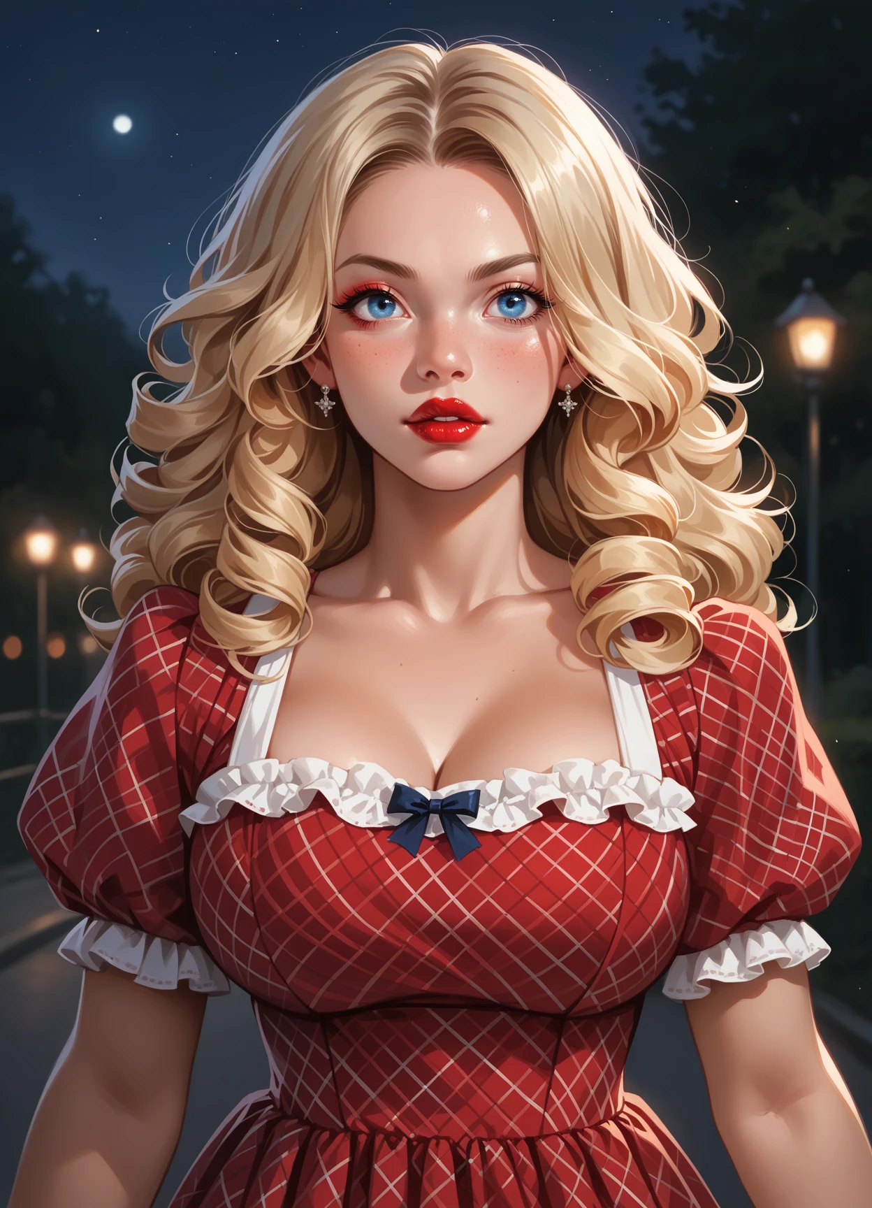 score_9, score_8_up, score_7_up, score_6_up, score_5_up, score_4_up, 1girl, solo, long blonde curly hair, blue eyes, makeup, lipstick, hud_drthy_drss, red dress, pinafore dress, short puffy sleeves, plaid, <lora:hud_drthy_drss_XLP:0.7>, dark, night, large breasts, sexy