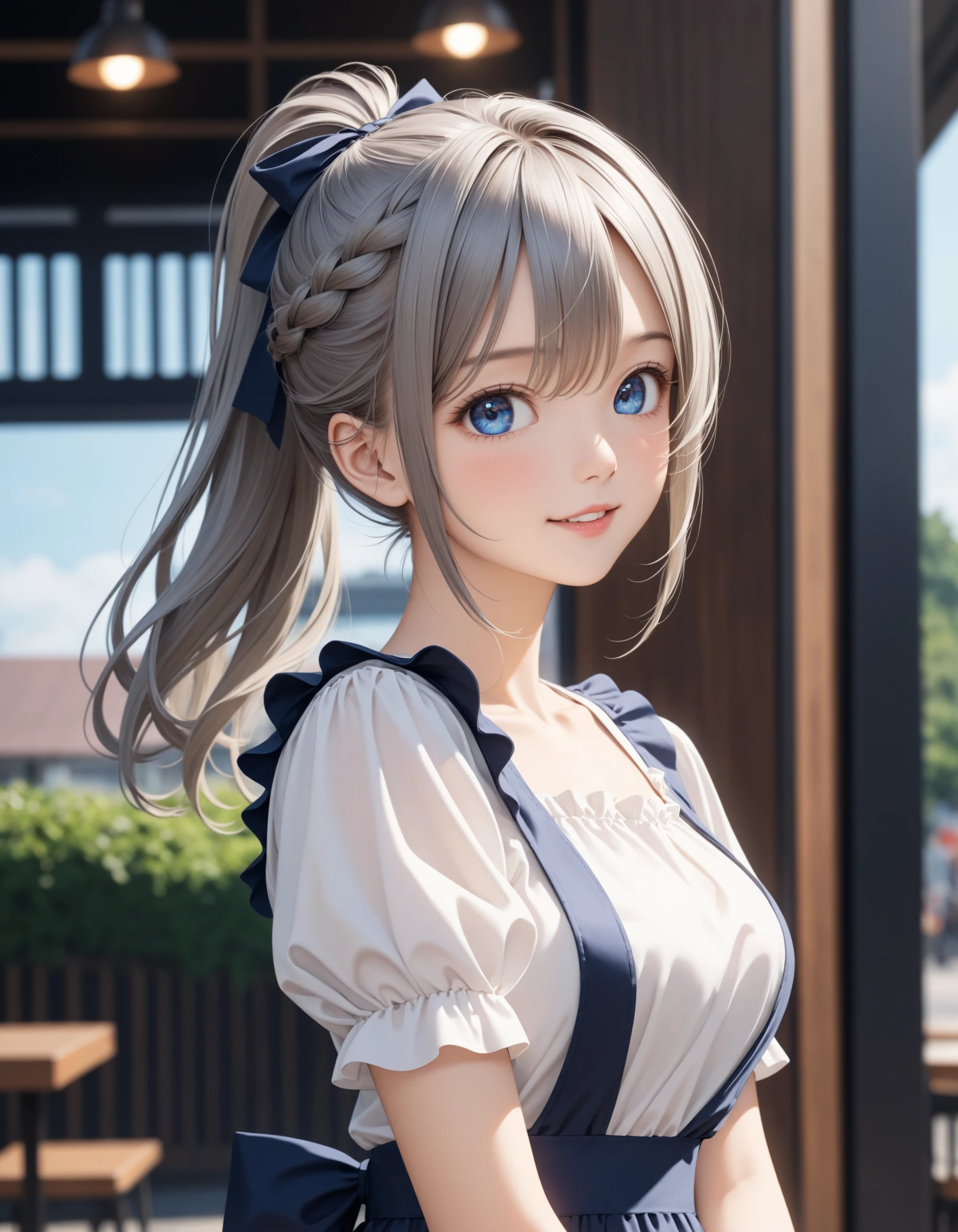 SceneDescription:
- Composition: Portrait. Cinematic angle.
- Subject: A cute girl.
- Characteristics:
- Face: (Round face:1.1).
- Eyes: Detailed dark-blue eyes.
- Hair: Long wavy high (ponytail:1.2) with big ribbon hair ornament, (gray hair), (gray inner hair), left side french braid and hair between eyes.
- Body: Detailed slender body. Large breasts.
- Clothing: White ruffled blouse with ribbon tie, ruffled short sleeves and pinafore.
- Expression: Happy expression.
- Posing: Contrapposto. Head tilt. (Arms behind back:1.2). Looking at viewer.
- Background: Fashionable cafe street.
- Elements: Blue sky view.
Time: Daytime.
Lighting: (Natural lighting:1.4).
ArtStyle: Photorealistic, Cute style.
Quality: Intricate details. Extremely detailed. Outstanding intricacies. (Masterpiece:1.2). (Best quality:1.2). (Absurdres absolutely resolution:1.4).
Mood: Serene atmosphere.