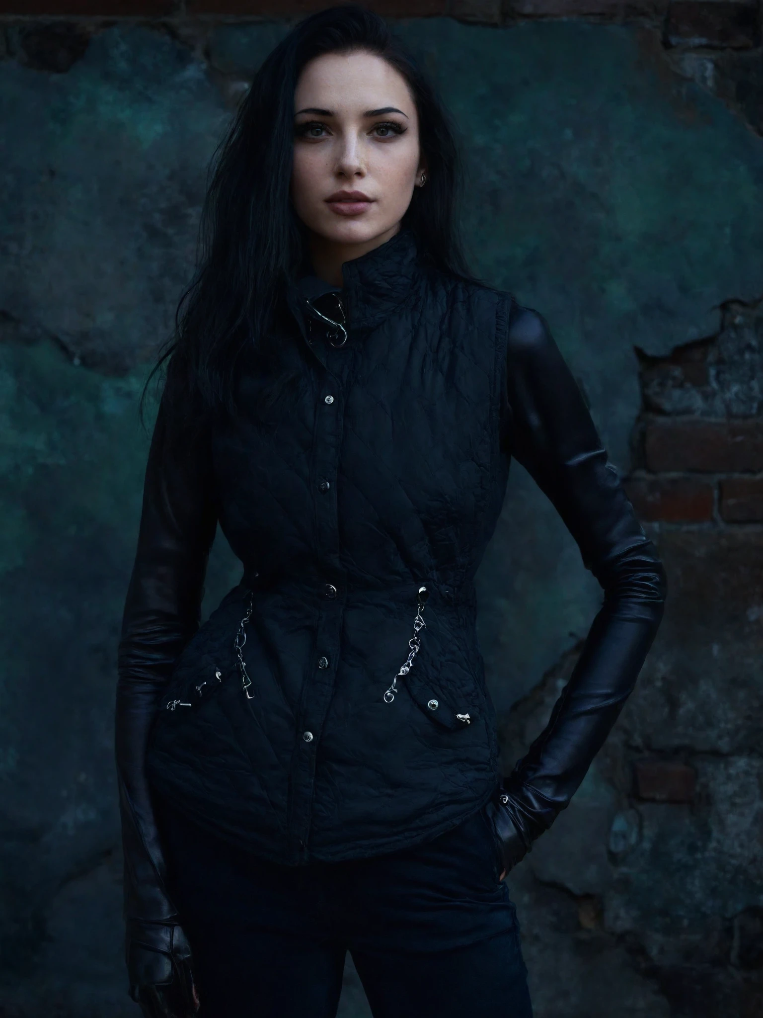 goth a woman wearing quilted vest and skinny trousers , __bgs__, <lora:goth-XL:0.9>