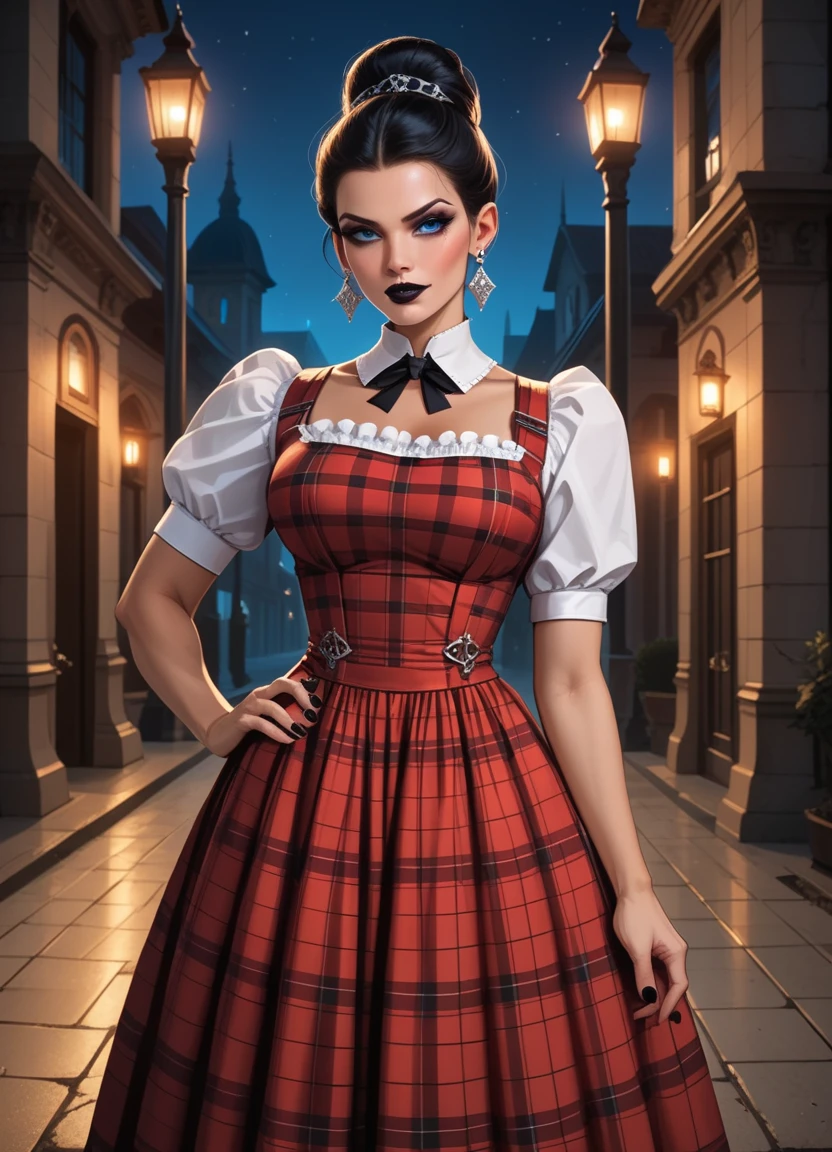 cinematic photo score_9, score_8_up, score_7_up, score_6_up, score_5_up, score_4_up, 1girl, solo, long black updo hair, blue eyes, makeup, lipstick, hud_drthy_drss, red dress, pinafore dress, short puffy sleeves, plaid, <lora:hud_drthy_drss_XLP:0.8>, dark, night, large breasts, sexy . 35mm photograph, film, bokeh, professional, 4k, highly detailed in a gothic getup. Dark, leather, lace, Victorian influence