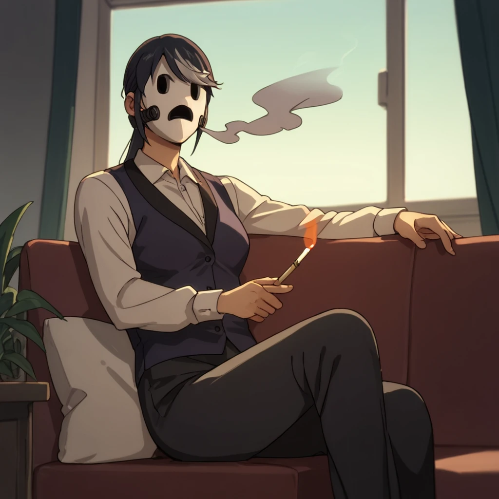 score_9, score_8_up, score_7_up, score_6_up, score_5_up, score_4_up, source_anime,  Dealer, mask, sitting, window, relaxing, smoking