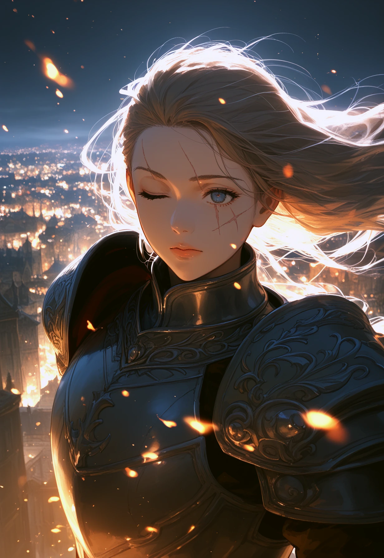 knight paladin with intricate and ornate gothic armor, scar on face, one eye closed, dark fantasy, gothic fantasy, floating hair, desolate destroyed fantasy city, light particles, embers, gritty, golden, intricate, ornate
BREAK volumetric lighting, moody lighting, bloom, score_9, score_8_up, score_7_up, glow