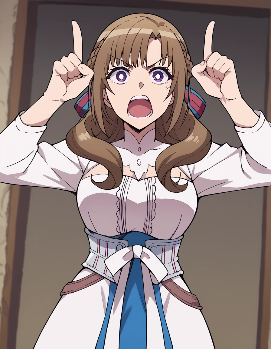 score_9, score_8_up, score_7_up, source_anime, mamakooosuki, <lora:mamako-oosuki-s1-ponyxl-lora-nochekaiser:1>, mamako oosuki, long hair, brown hair, purple eyes, hair ribbon, braid, bright pupils, french braid, white pupils,, <lora:horns-pose-ponyxl-lora-nochekaiser:1>, horns pose, index fingers raised, angry, steam, open mouth, shouting, anger vein,, indoors,, cowboy shot, dutch angle, looking at viewer,