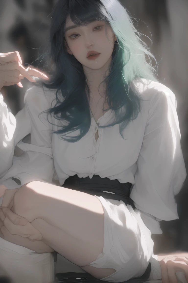 1girl,solo,c.c.,green hair,long hair,bangs,looking at viewer,upper body,thighs,thick thighs,looking at viewer,solo focus,