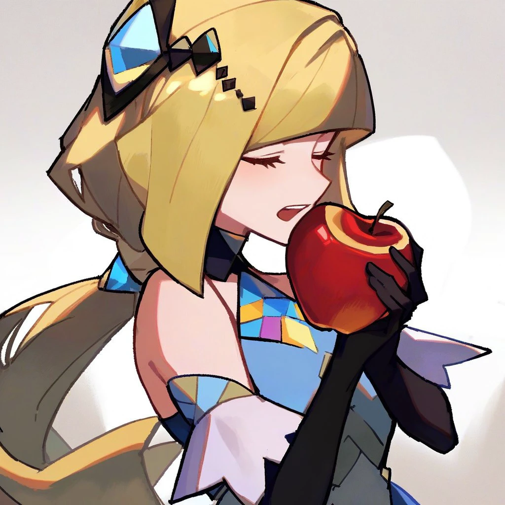 score_9,score_8_up,score_7_up,score_6_up,score_5_up,score_4_up, solo, 1girl, blonde hair, closed eyes, long hair, ponytail, dress, sleeveless, gloves, hair ornament, elbow gloves, blue dress, from side, holding, apple, open mouth , holding apple, biting