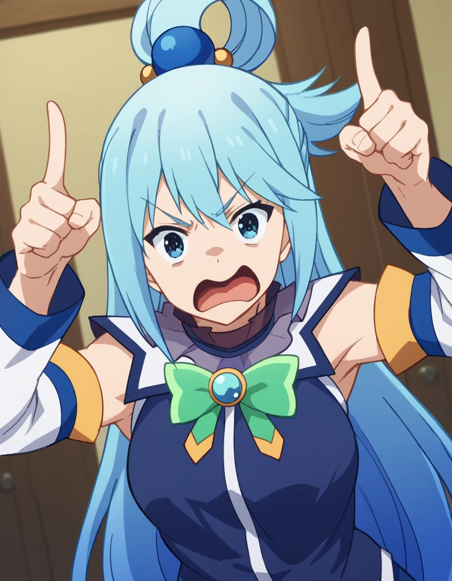 score_9, score_8_up, score_7_up, source_anime, konosubaaqua, <lora:konosuba-aqua-s2-ponyxl-lora-nochekaiser:1>, aqua (konosuba), long hair, blue eyes, hair ornament, very long hair, blue hair, hair rings, single hair ring, hair bobbles,, <lora:horns-pose-ponyxl-lora-nochekaiser:1>, horns pose, index fingers raised, angry, steam, open mouth, shouting, anger vein,, indoors,, cowboy shot, dutch angle, looking at viewer,