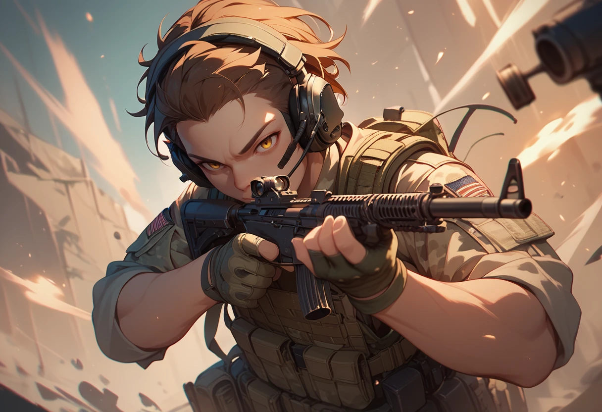 (score_9, score_8_up), score_7_up, zPDXL, 1girl, short hair, brown hair, gloves, 1boy, holding, yellow eyes, weapon, male focus, holding weapon, uniform, gun, military, military uniform, headphones, holding gun, rifle, headset, assault rifle, camouflage, firing, aiming, scope, load bearing vest
<lora:warcore-000011:0.9>