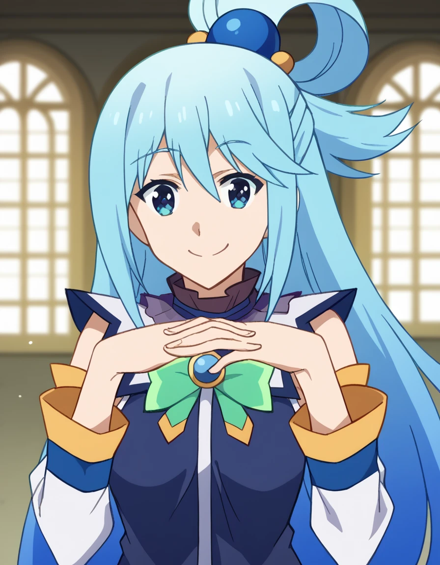 score_9, score_8_up, score_7_up, source_anime, konosubaaqua, <lora:konosuba-aqua-s2-ponyxl-lora-nochekaiser:1>, aqua (konosuba), long hair, blue eyes, hair ornament, very long hair, blue hair, hair rings, single hair ring, hair bobbles,, <lora:gendou-pose-ponyxl-lora-nochekaiser:1>, gendou pose, own hands clasped, own hands together, parody,, indoors, smile,, cowboy shot, dutch angle, looking at viewer,