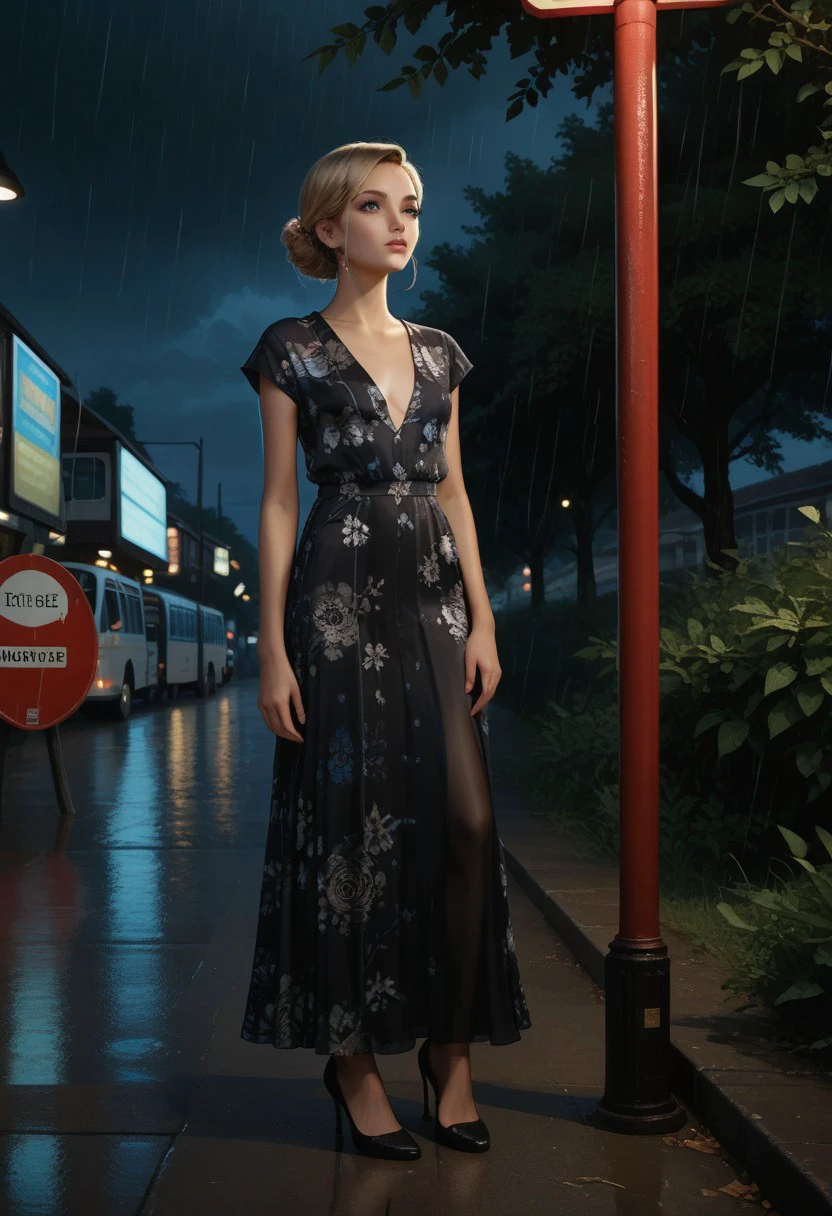 score_9, score_8_up, score_7_up, score_6_up, source_anime, masterpiece, newest,tightly cropped composition,
1girl, solo, petite, black pantyhose, Floral, Floral pattern, Plunging gown, gown, formal, Colored eyelashes, blonde hair, straight hair , 
Shiny skin, bus stop, night, rain, leaning back, dynamic lighting, modern, vogue,
squatting, face focus, close up, portrait,