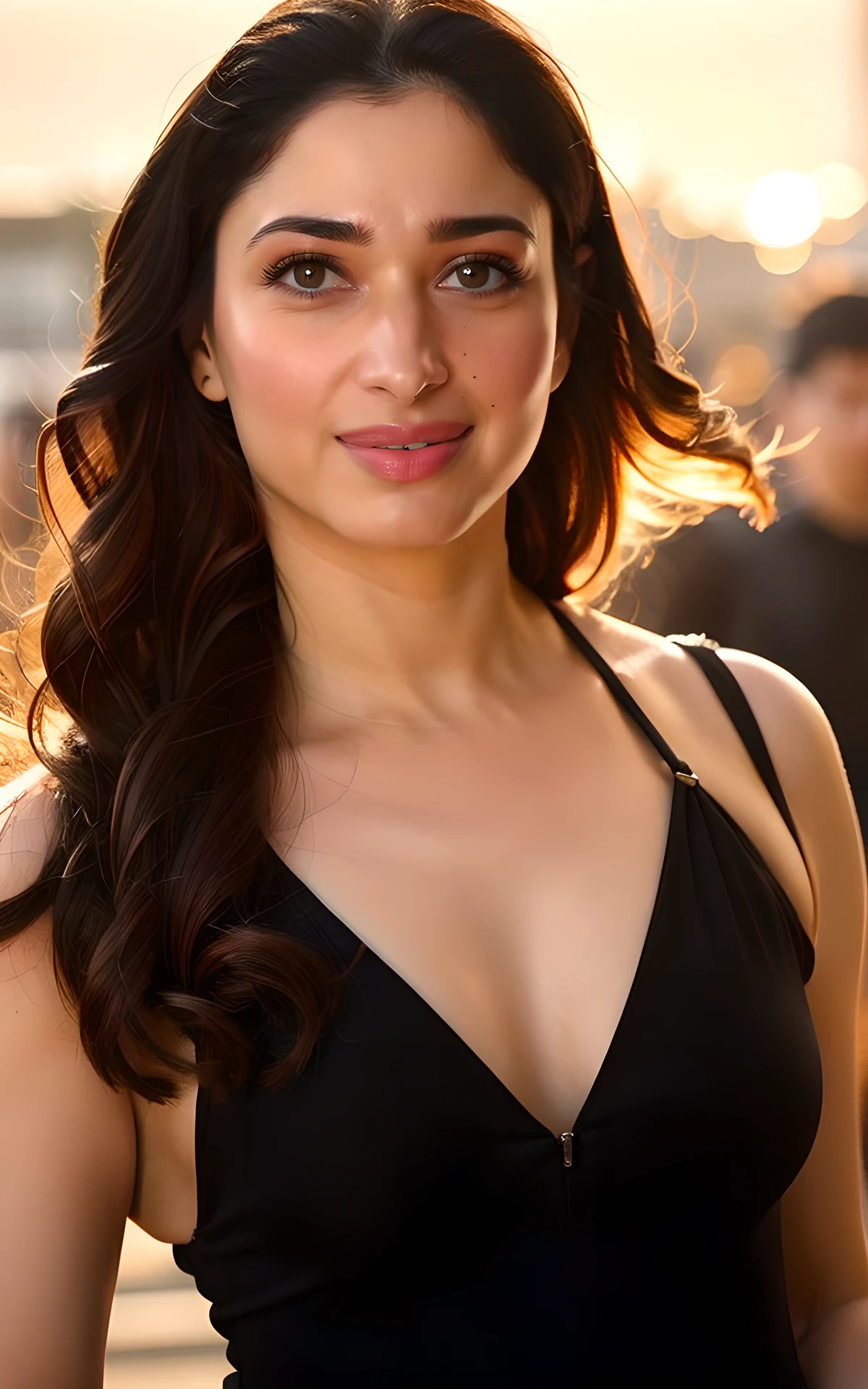 <lora:Tamannaah:1> Tamannaah,, (realistic), (hyperrealism), (photorealistic:1.4), 1girl, looking at the viewer, eye makeup, detailed eyes, detailed face, (upper body:1.2), detailed background, black dress, walking at the streets, sunset, (windy:1.2)