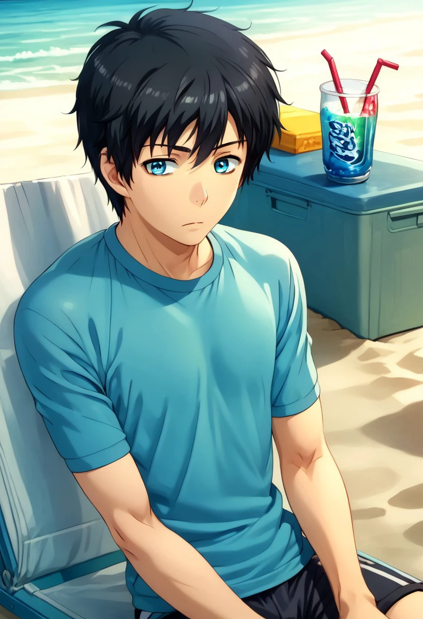 high resolution, solo, best quality, 1Boy, Arata Kaziaki, Black Hair, Blue Eyes, beach, sit, relax, raglan, soft drink,