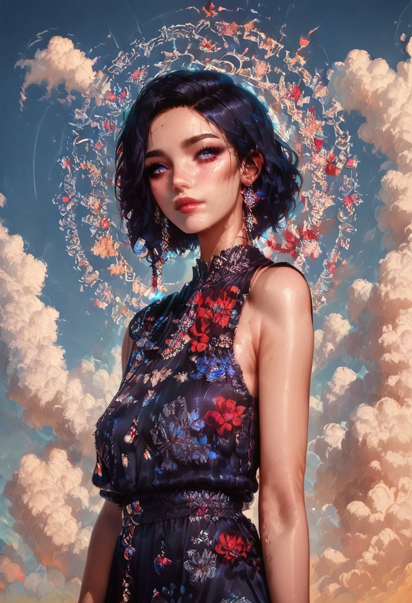 score_9, score_8_up, score_7_up,  1girl, valkyrie in gorgeous gown, Floral, Floral pattern, Plunging gown, gown, (side view, solo:1.1), standing, goddess, pale skin, beautiful face, sleeveless dress, looking at viewer, cloudy sky, holy light, light from clouds, fantasy theme, expressiveh, d4rk01l