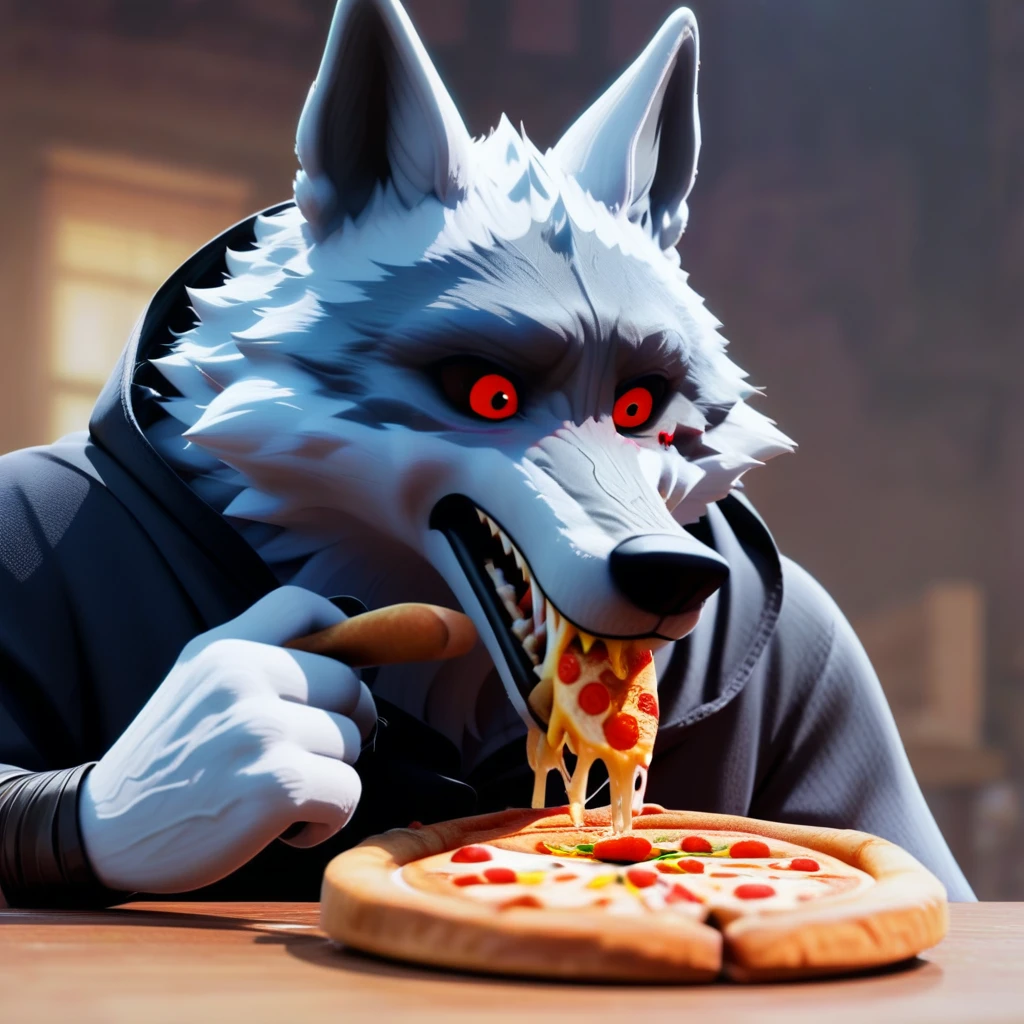 score_9, Death \(character\), wolf, 1boy, red eyes, eating pizza,