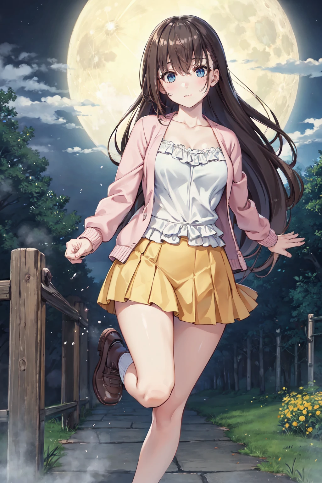 masterpiece, best quality, ultra detailed, highres,  mio ikoma,  long brown hair,  running,   blue eyes, open pink cardigan,  white blouse underneath, yellow knee-length skirt,  brown leather shoes,  <lora:Mio Ikoma:0.7>, night, killer, horror, outdoors, moon, steam, fog