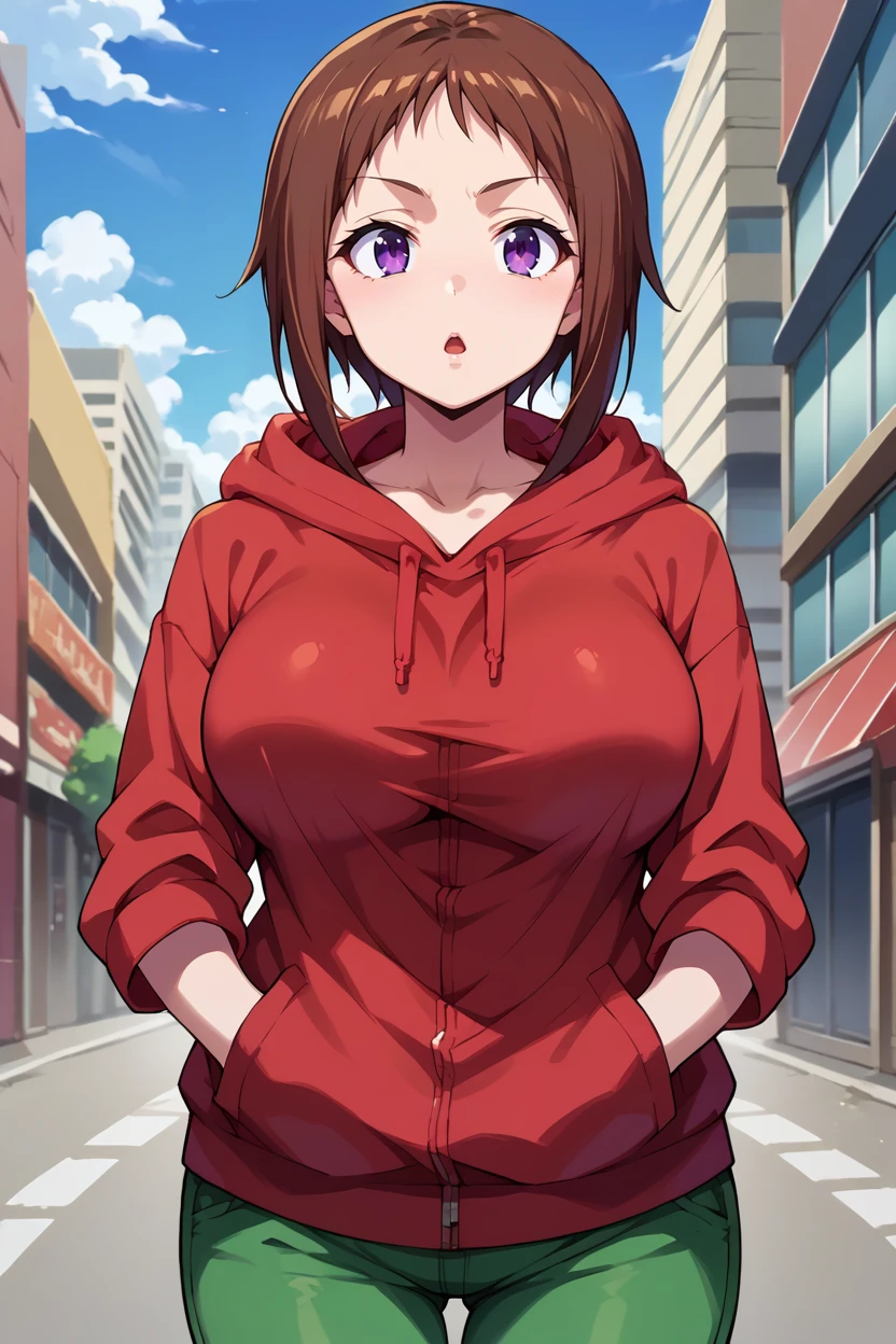 score_9, score_8_up, score_7_up, score_6_up, source_anime BREAK 1girl, solo  <lora:wakanaui-pdxl-nvwls-v1-000005:1> wakanaui, brown hair, short hair, red hoodie, green pants, hands in pockets, city, chestnut mouth, large breasts, looking at you, blue sky