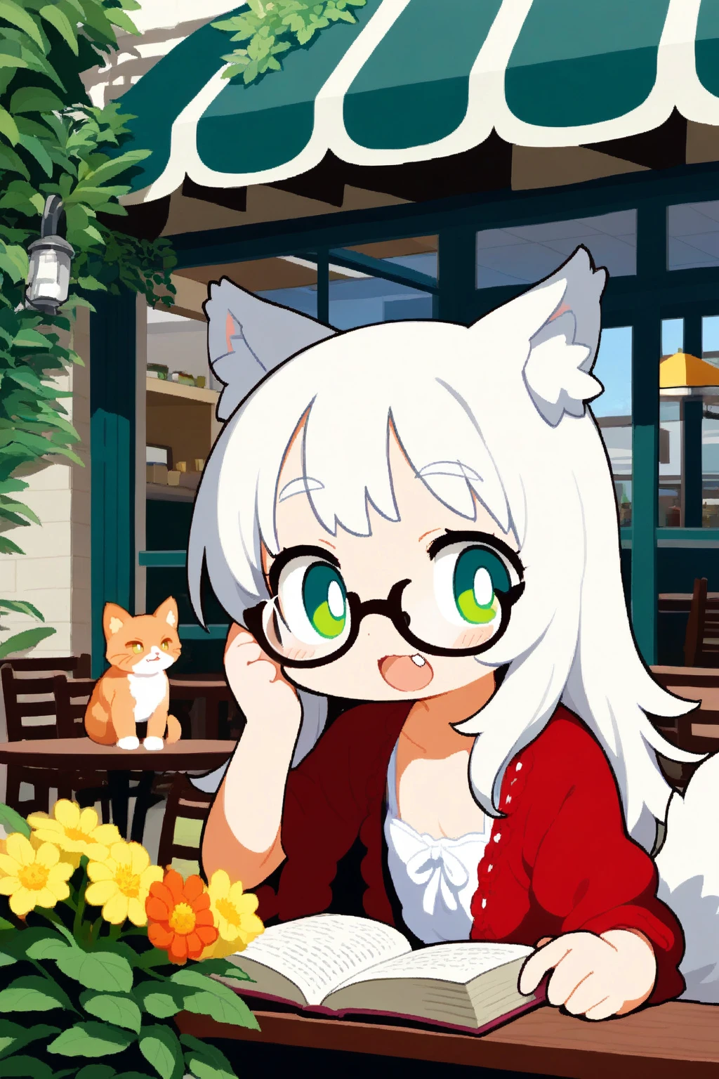 1girl, wolf ears, wolf tail, white hair, long hair, green eyes, glasses, confident, upper body, fang, plant, cafe, coffee, book, table, sunshine, flower, cat, flat chest