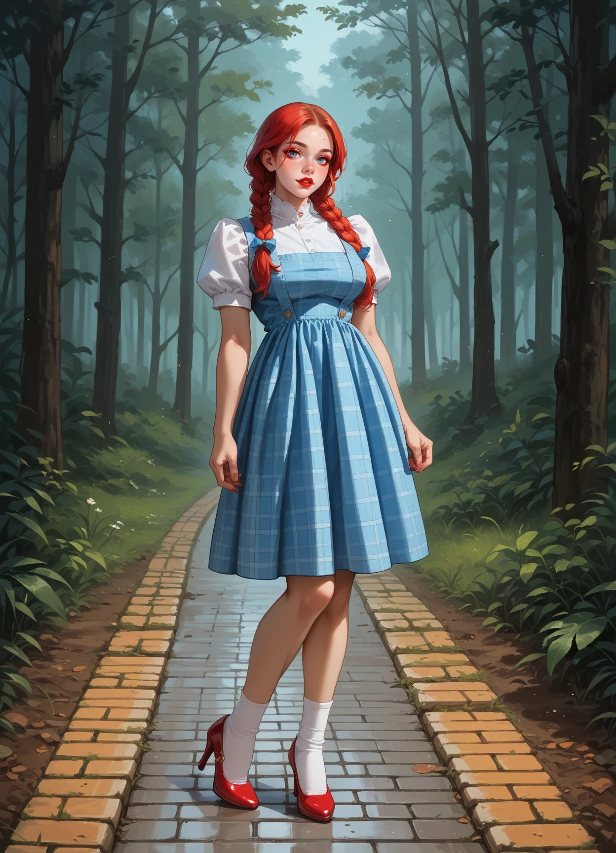 score_9, score_8_up, score_7_up, score_6_up, score_5_up, score_4_up, 1girl, solo, long red twin braids, makeup, lipstick, hud_drthy_drss, blue dress, pinafore dress, short puffy sleeves, plaid, <lora:dg-000008:0.6>, forest, dark, night, large breasts, sexy, red high heels, white socks, yellow brick road