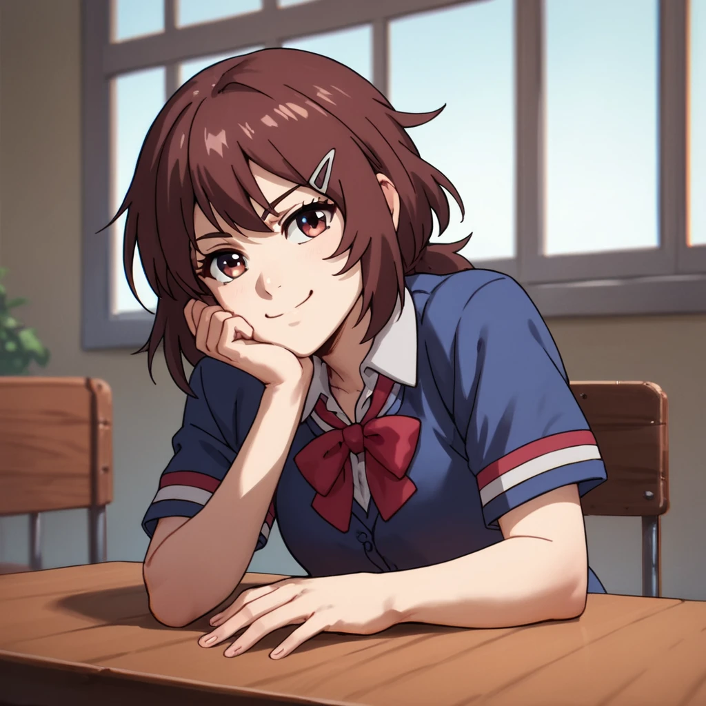 score_9, score_8_up, score_7_up, score_6_up, score_5_up, score_4_up, source_anime,  MegumiSAITOU, school uniform, sitting, table, head rest, sweet smile, facing viewer