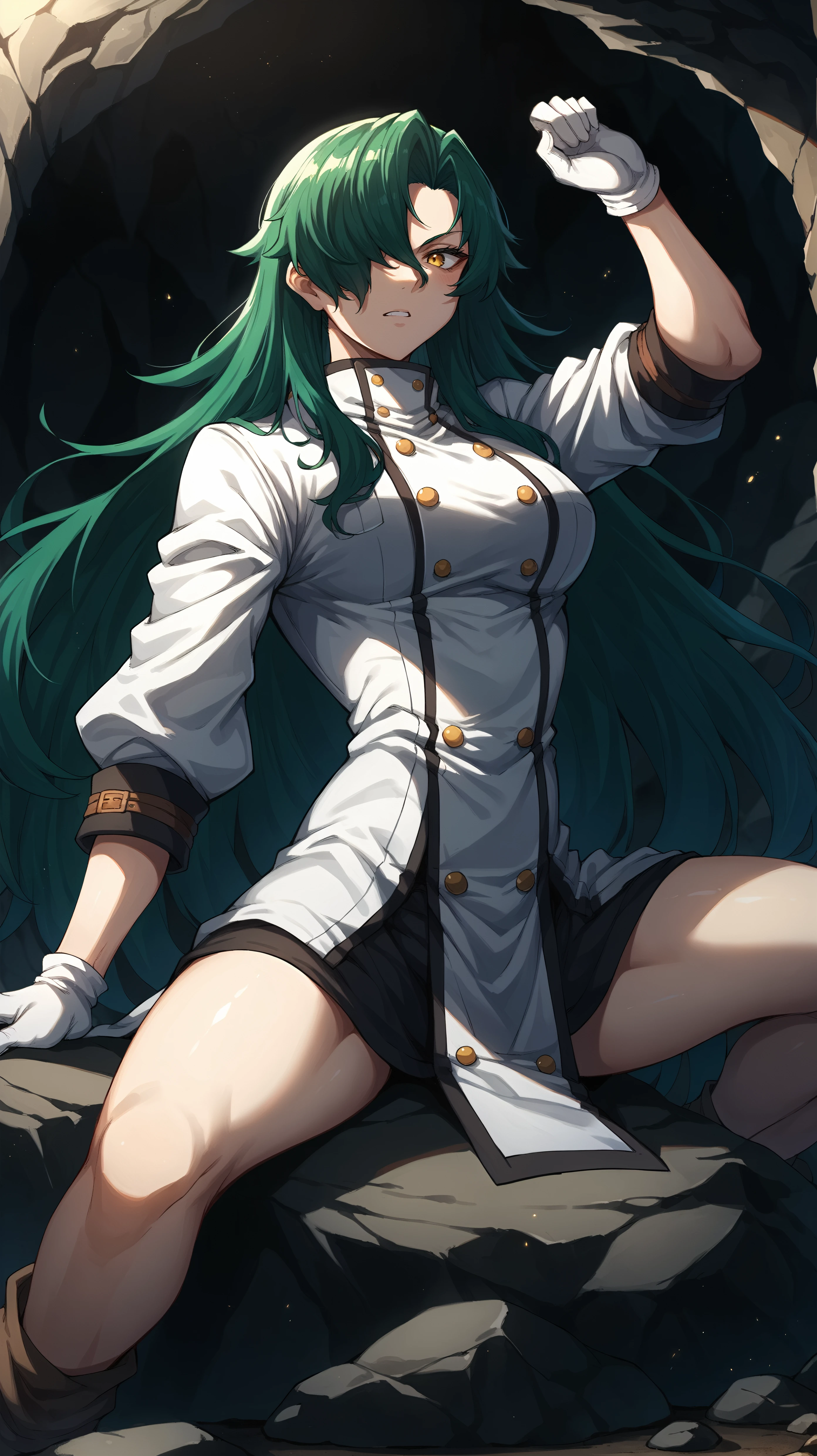 score_9,score_8_up,score_7_up,score_6_up, source_anime, zPDXL, <lora:xl_more_art-full_v1:0.5>, woman, dynamic pose, <lora:Rose - Pony-000004:0.7>, long hair, green hair, yellow eyes, hair covering one eye, long coat, white coat, white gloves, (straddling), dark cave, cavern, rocks, stones, roots, stalagmite, stalactite,