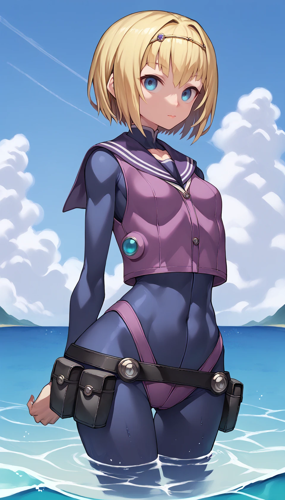 score_9, score_8_up, score_7_up, BREAK
1girl, MilindaBrantini, blonde hair, blue eyes, wide hips, 
bodysuit, sailor collar, purple vest, belt pouch, thigh pouch, 
looking at viewer, closed mouth, arms at sides, standing, partially submerged, 
outdoors, ocean, sky, clouds, 
<lora:MilindaBrantini_Pony:1><lora:Nyatabe_Pony:0.65> <lora:Pony_XL_Mogudan_Style:0.35>  <lora:[GP]Yaya hiyayaka style [Pony XL]:0.7>